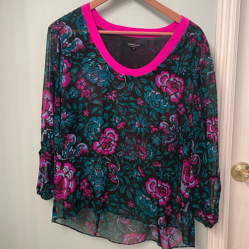 Nanette Lepore Sheer Flowered 3/4 Sleeve Blouse